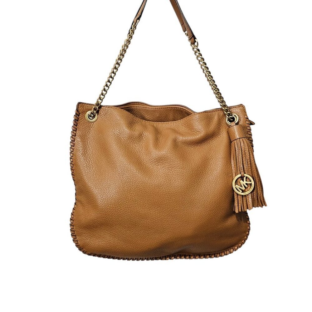 MICHAEL KORS Whipped Chelsea Brown Leather Gold Chain Large Shoulder Bag COA - Picture 2 of 15
